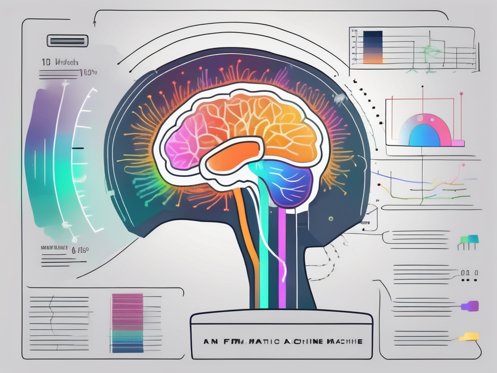 An fmri machine with visible magnetic fields and colorful brain scans to highlight its working mechanism