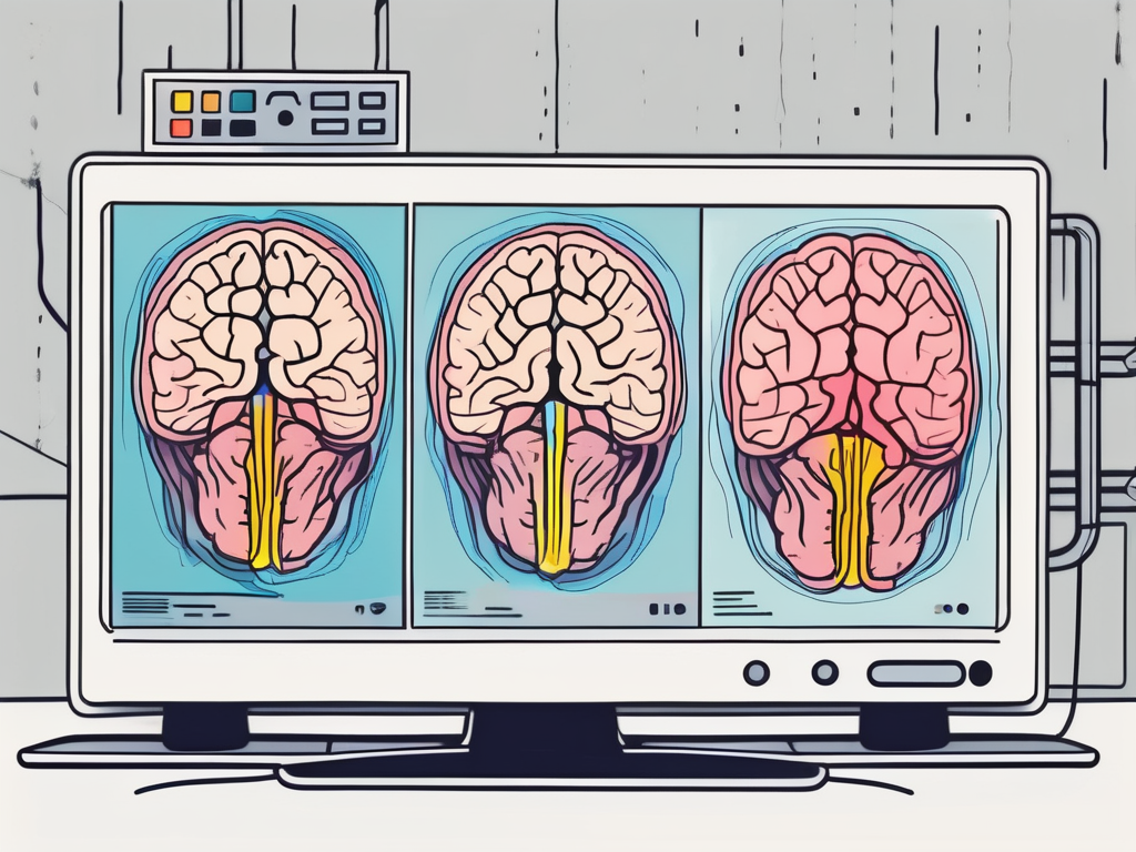 An fmri machine with colorful brain scan images being displayed on a nearby screen