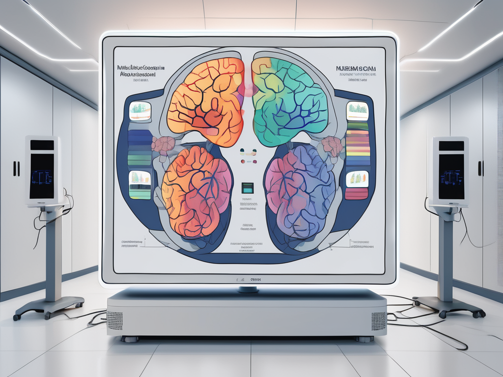 An fmri machine with colorful brain scans being displayed on a screen