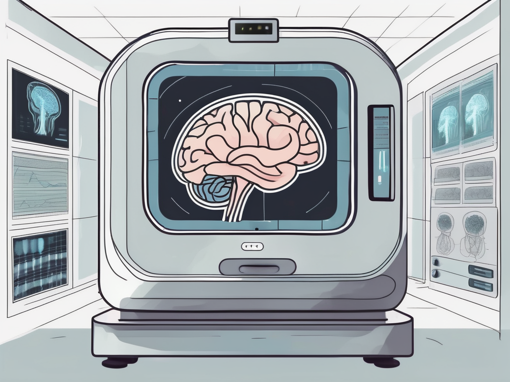 An fmri machine with a brain scan displayed on a screen